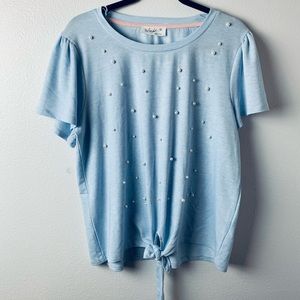 Skonhet Baby Blue Pearl Front Tie Top Size XL Flutter Sleeves
